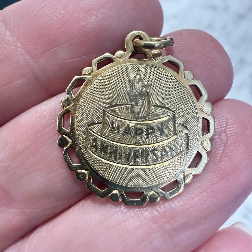 Vintage 12k Gold Filled Happy Anniversary Cake Pendant Charm A&Z Scalloped Edge